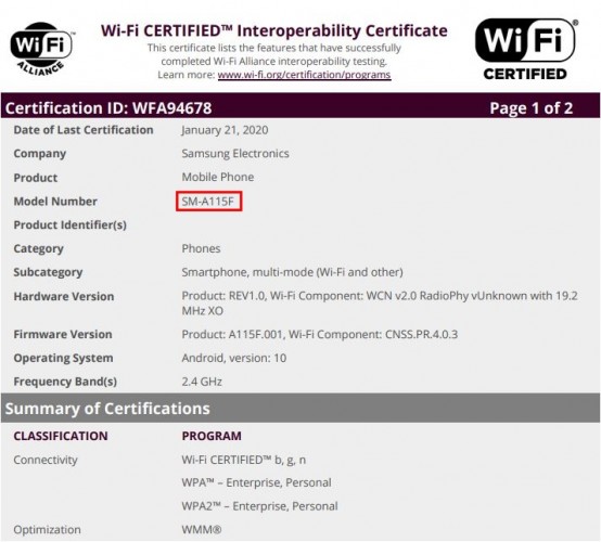 Galaxy A11 certification
