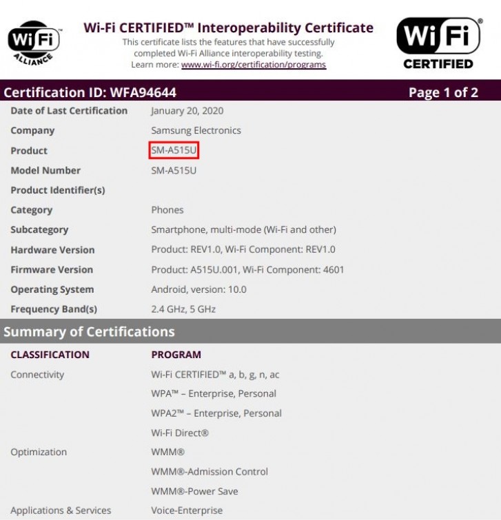 US Galaxy A51 Wi-Fi certification
