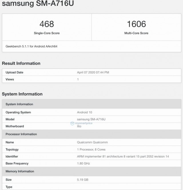Samsung Galaxy A71 5G Geekbench listing