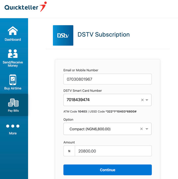 Quickteller DSTV payment