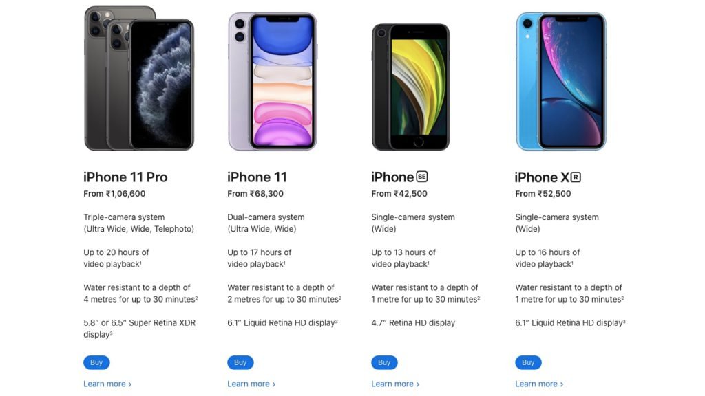 The latest iPhone lineup available on the Apple Store online in India