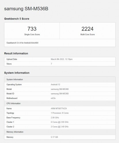 Samsung SM-M536B Geekbench score card