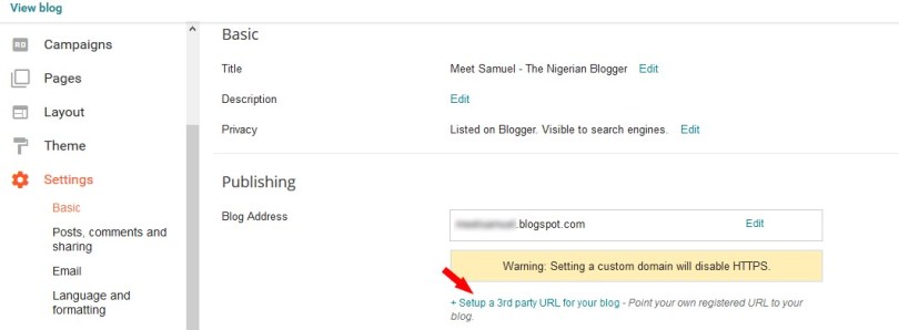 Edit publishing settings on blogger blog